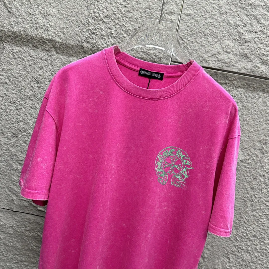 🅿️180 CH* Crow Heart* 2025 spring and summer new style Snowflake distressed washed retro round neck short sleeves Chest and front logo Horseshoe print Customized fabric Short-sleeved T-shirt Unisex Size: S M L XL XXL Color: Snowflake Black Snowflake Gray Snowflake Pink Snowflake Blue